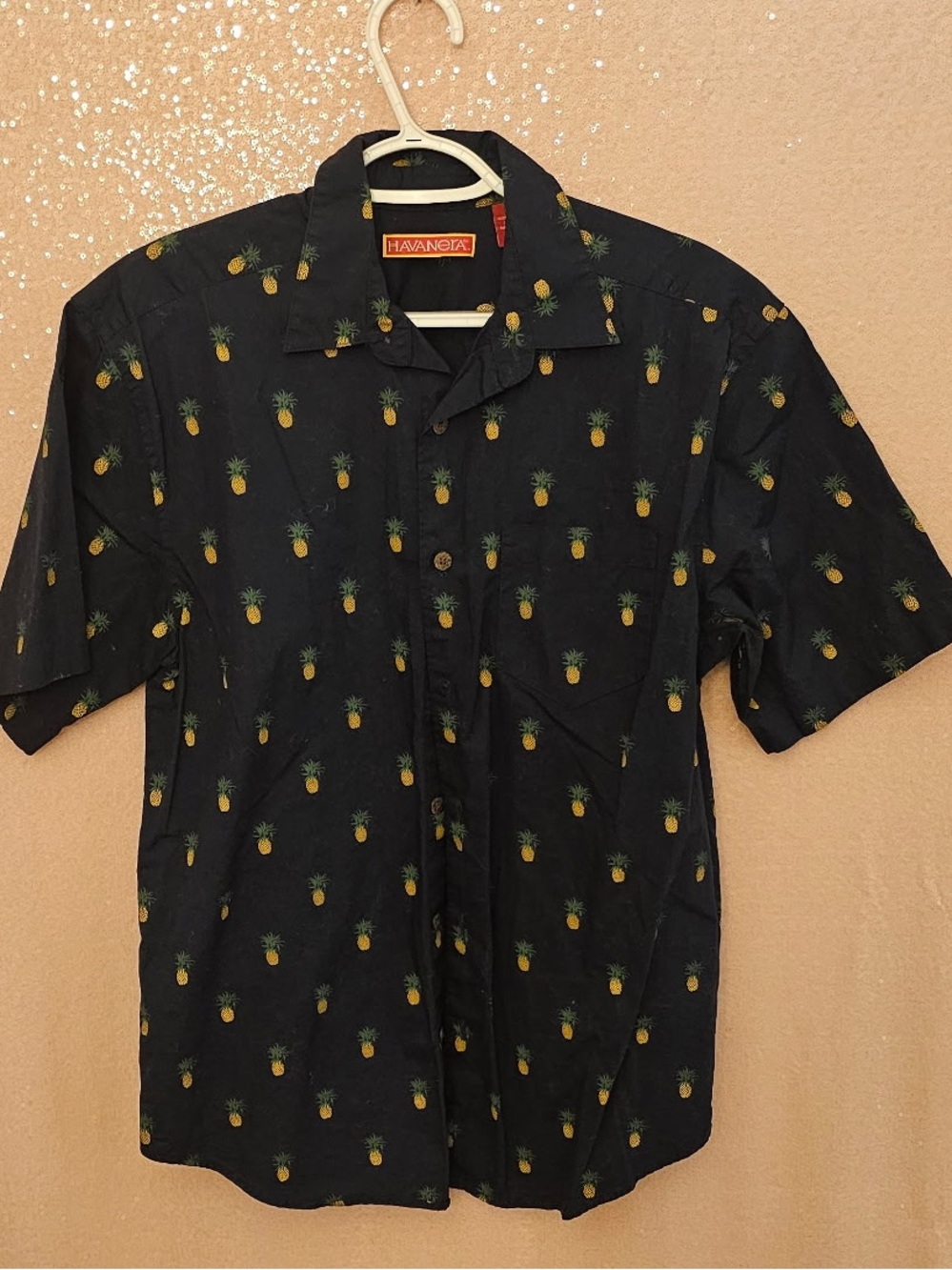 Havanera Black Pineapple Print Short Sleeve Button-Down Shirt